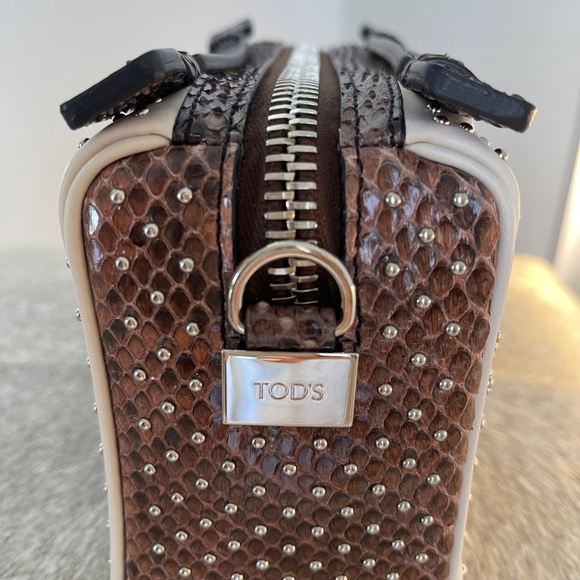 TOD'S Leather and Phyton Gommino Studded Logo Box Crossbody Bag - Picture 8 of 14